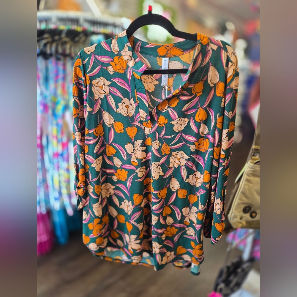 Floral Print Women's Blouse - Green and Orange